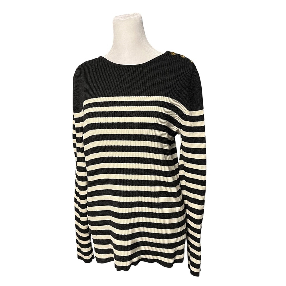 Ralph Lauren Gray Striped Ribbed Knit Sweater Button Detail Size Large